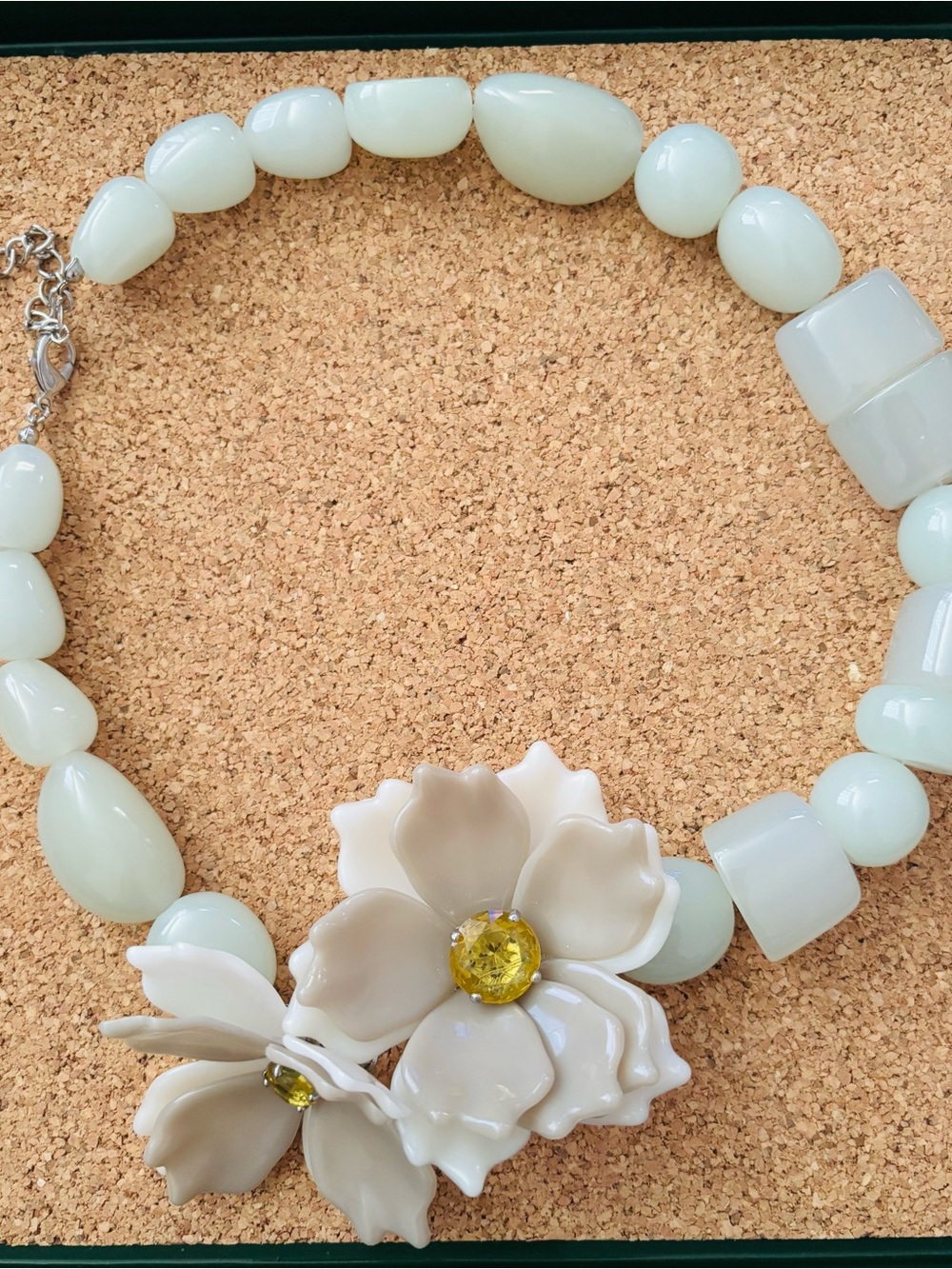Floral Statement Necklace in Pale Mint with White Flower Pendant